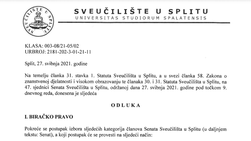 Pokrenut je postupak izbora za članove Senata Sveučilišta u Splitu